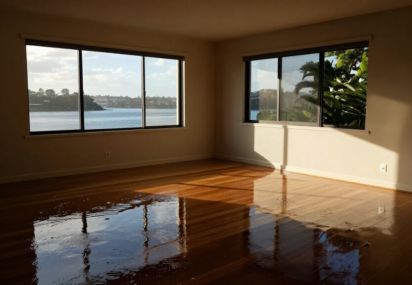 Flood damaged living room in North Richmond home before restoration